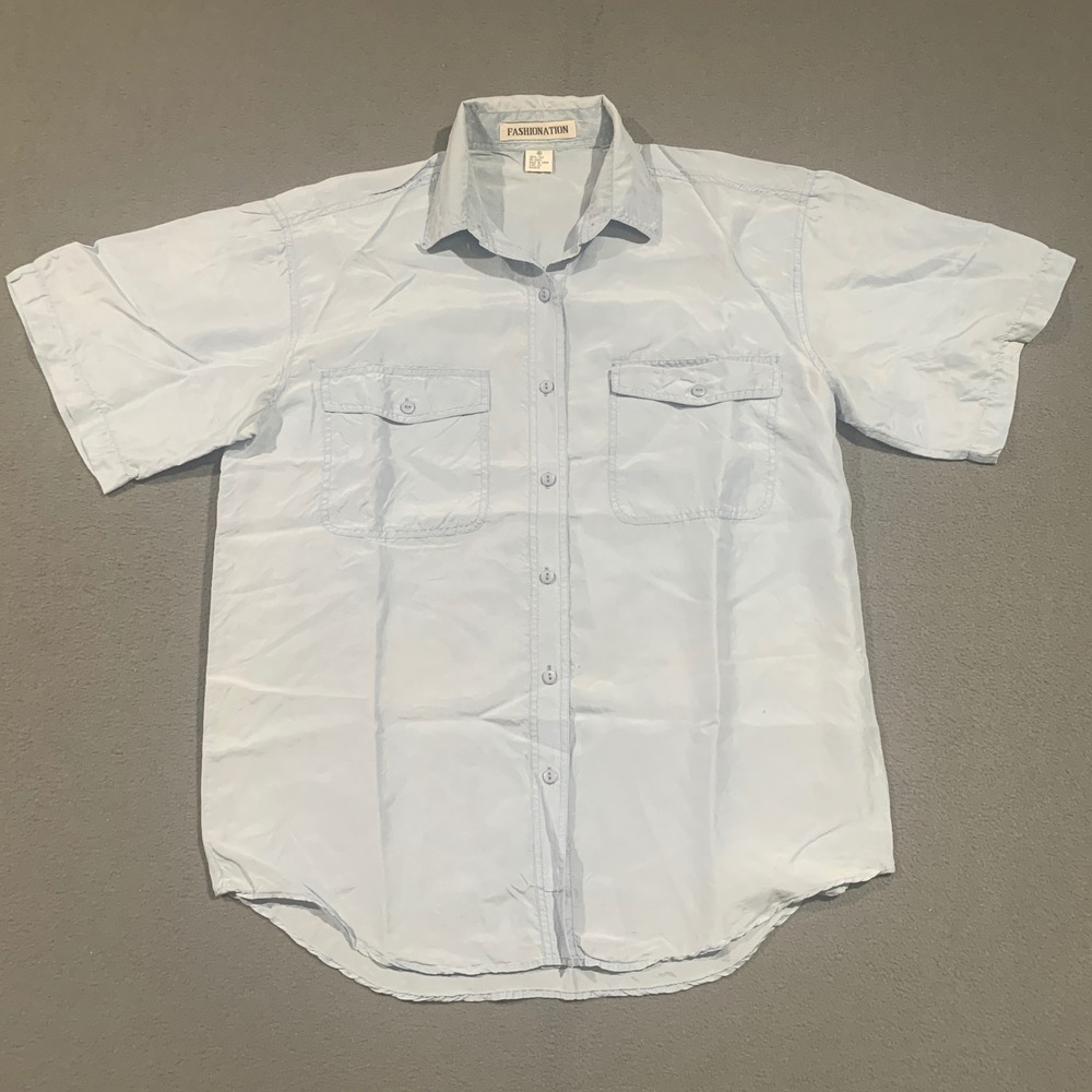 Fashionation Womens 100% Silk Short Sleeve Button Up Shirt Light Blue Size M *
